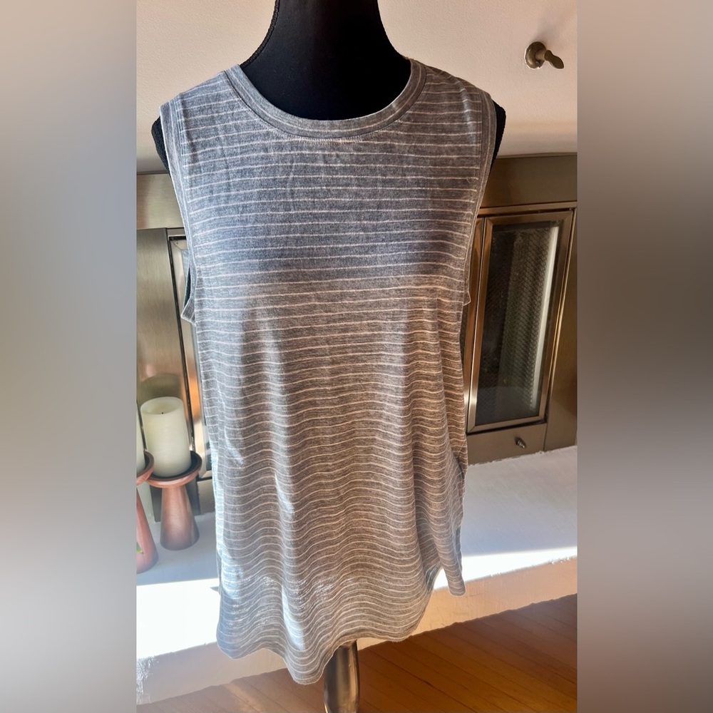Athleta Breezy Gray and White Striped Sleeveless Tank Top